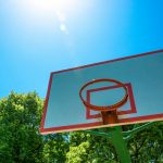 basketball hoop and backboard with blue sky